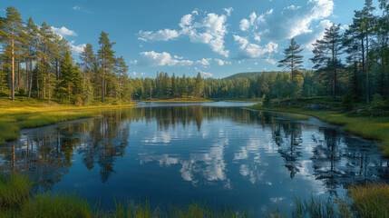 Fototapeta na wymiar Beautiful lake in the forest, blue sky with white clouds, green grass on both sides of the water, trees in background .Created with Ai