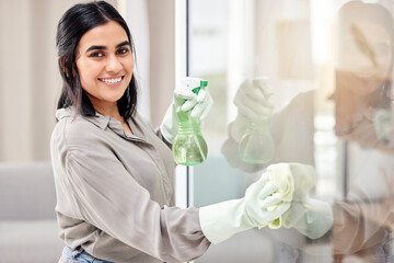 Happy woman, portrait or gloves for cleaning glass in home maintenance for germ protection or...