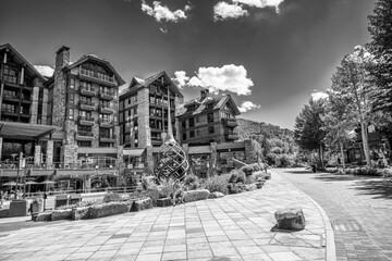 Vail, CO - July 3, 2019: Beautiful city streets and buildings on a sunny summer day