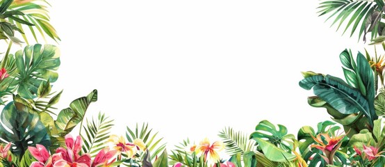 Obraz premium Tropical plants and flowers border a white background in the style of a watercolor illustration