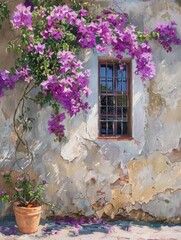 Fototapeta na wymiar Flowers adorn a charming old window , framed by wooden architecture and stone walls . Purple bougainvillea ,Watercolor painting , For the cover of a romantic novel book.