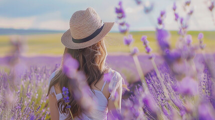 the tranquility of a purple lavender flowers field through the lens of an HD camera, where a happy woman with long hair and a hat enjoys a peaceful walk. The scene exudes natural beauty and joy.