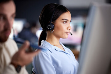 Computer, call center and woman consultant in office for online crm telemarketing consultation....