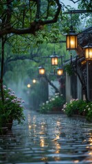 Chinese style street, hanging lanterns on both sides of the road with flowers and green plants in front of them, a Chinese style building behind it, rainy day. - 795081927