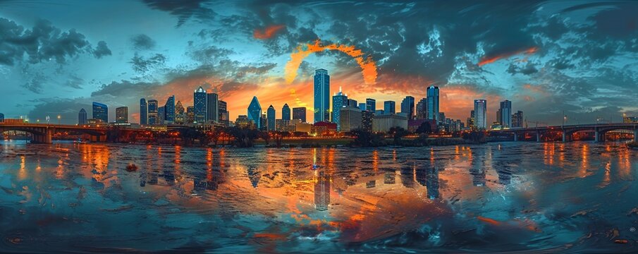 Skyline of Dallas, Texas reflecting in the Trinity River at dusk