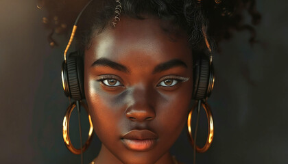 A young black woman with headphones on.