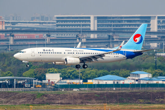 Hebei Airlines Boeing 737-800 airplane at Shanghai Hongqiao Airport in China