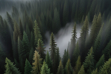 Evergreen forest view from overhead fog rolling in loo