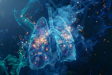 Futuristic visualization of smoke particles attacking lung cells with a digital shield activating to protect them  - obrazy, fototapety, plakaty