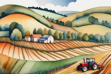 Field, trees and farm organic farming, harvest in countryside with tractor.