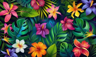 Tropical plants and flowers background vector illustration