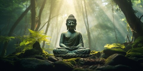 Buddha statue in green forest Generative AI - obrazy, fototapety, plakaty