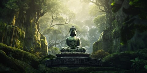 Buddha statue in green forest Generative AI