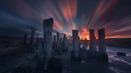 the magic of twilight as wood posts transform into ethereal sculptures in this mesmerizing long exposure shot. The HD camera captures the enchanting landscape, creating a truly atmospheric scene.