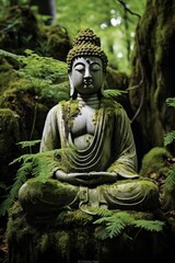 Buddha statue in green forest Generative AI