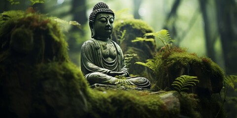 Fototapeta na wymiar Buddha statue in green forest Generative AI