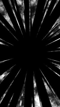 High-speed abstract halftone speed lines overlay vertical animation. Cartoon-animated dotted speed lines on a black background in a seamless loop motion graphics. Fit for alpha channel or tint layer