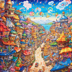 Colorful Illustrated Fantasy Town with Floating Buildings and Balloons