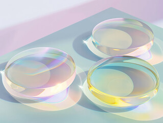 Transparent lenses with colorful refractions on a pastel background. Abstract composition for optics concept, scientific illustration, and creative design. Studio photography with a focus on light and