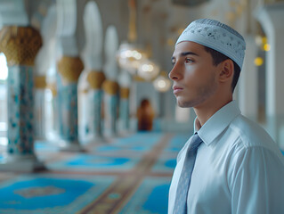 Close-up of a young Muslim man in modern clothes, wearing a skullcap. Muslim young man in shirt and tie with skullcap on his head. Isolated background with blur.