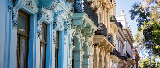 Historic buildings in Buenos Aires, Argentina with traditional colonial-style architecture and...