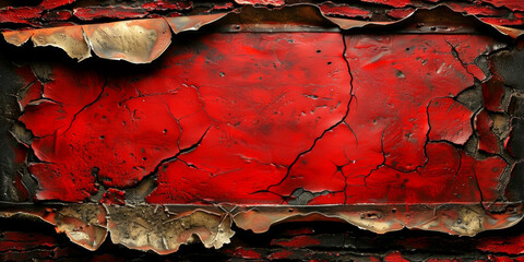 A red wall with a large crack in it. The crack is jagged and the wall is covered in rust. The wall appears to be old and worn down