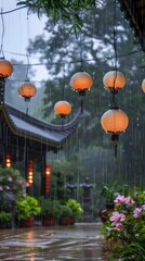 Chinese style street, hanging lanterns on both sides of the road with flowers and green plants in front of them, a Chinese style building behind it, rainy day. - 795084911