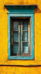 Fototapeta na wymiar A window of a yellow building with blue trim and green shutters, AI