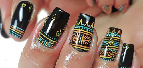 Vibrant tribal motifs intricately etched onto glossy black nails, each line telling a story of culture and tradition