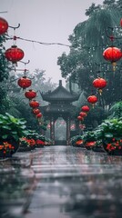 Chinese style street, hanging lanterns on both sides of the road with flowers and green plants in front of them, a Chinese style building behind it, rainy day. - 795085196