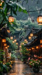 Chinese style street, hanging lanterns on both sides of the road with flowers and green plants in front of them, a Chinese style building behind it, rainy day. - 795085734