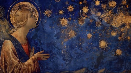 dark blue sky, Byzantine painting, Christian painting, Madonna figure, gold, blue color selection, 16:9