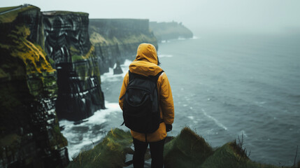 A man standing on the edge of the cliffs and looking out to the sea wearing a yellow jacket and a...