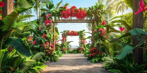 Fototapeta na wymiar Floral wedding arch in nature Generative AI