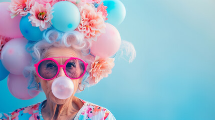 An eccentric old woman wearing oversized sunglasses blows bubble gum. Her hair is crafted from vibrant pink and blue balloons, adorned with pastel-colored flowers.