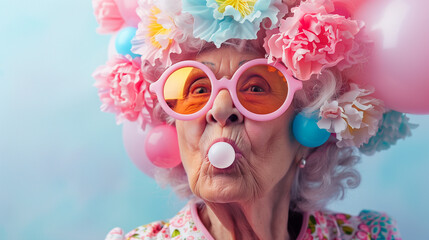 Quirky elderly woman with oversized sunglasses blows bubble gum, sporting hair made of vibrant balloons and pastel flowers. Eccentric and fun concept - Powered by Adobe