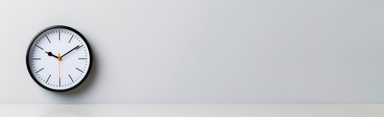 A black and white clock hanging on a white wall, showing the time with clear contrast