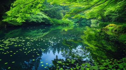 A tranquil pond nestled within a verdant forest, its surface reflecting the vibrant foliage that surrounds it.