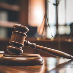 gavel on judge desk, symbolizing court trial, justice and legal decisions in courtroom