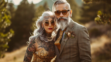 Stunning photo of an elderly couple in sunglasses and wedding attire, exuding confidence. The man's grey goatee complements their silver hair and tattoos. The woman's dress, embellished with gold lace