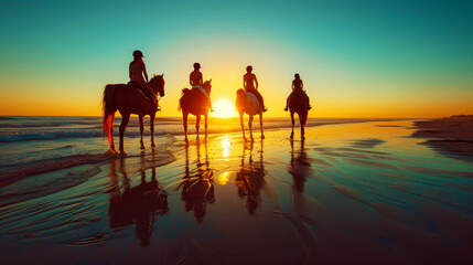 Silhouetted riders on horseback at beach sunrise, reflection on water, sense of freedom and adventure