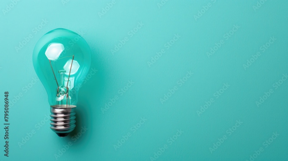 Poster a traditional incandescent light bulb hanging on a plain blue wall