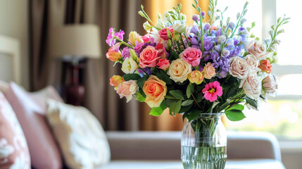 Elegant bouquet of mixed flowers in a glass vase, adding a touch of natural beauty to the room's decor