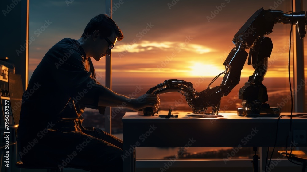 Poster biomedical engineer working on a prosthetic limb, using precise tools and intricate designs.