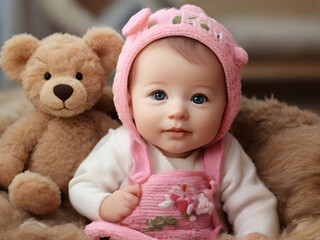 girl with teddy bear baby, child, toy, bear, teddy, kid, childhood, newborn, Ai generated 