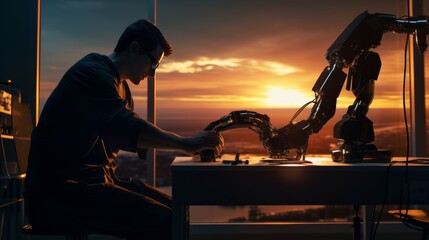 Fototapeta premium biomedical engineer working on a prosthetic limb, using precise tools and intricate designs.