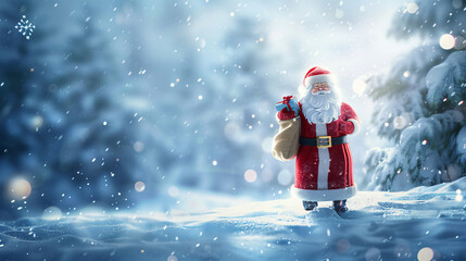 Santa Claus standing in the snow with a bag of gifts .