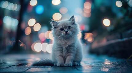 cute Ragdoll kitten on street with bokeh light, Generative Ai
