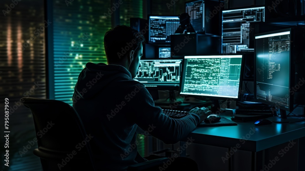 Poster A silhouette of a software engineer typing code on a computer screen in a dark office.