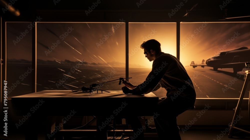 Poster a silhouette of an aerospace engineer designing a spacecraft in a wind tunnel.